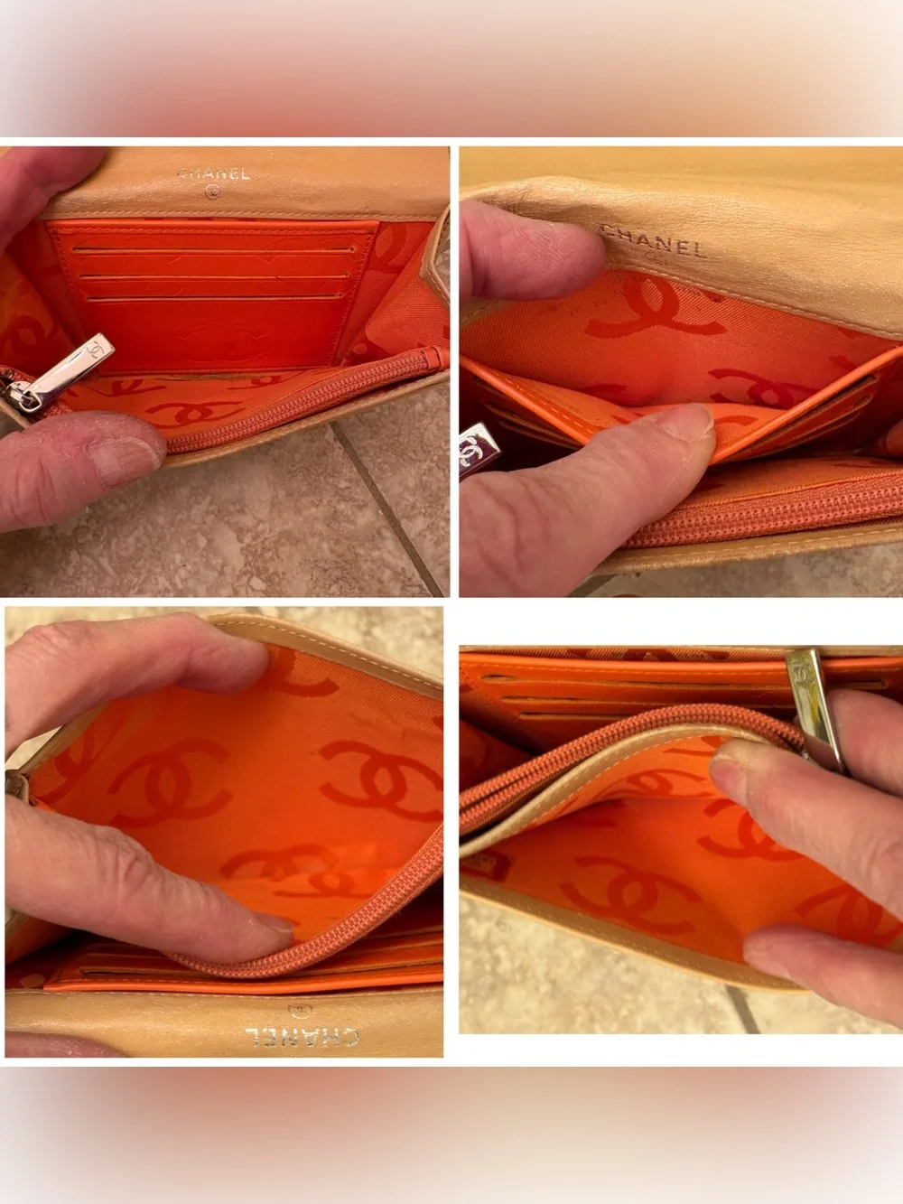 Authentic Chanel Cambon Quilted Leather Short Wallet with Orange interior